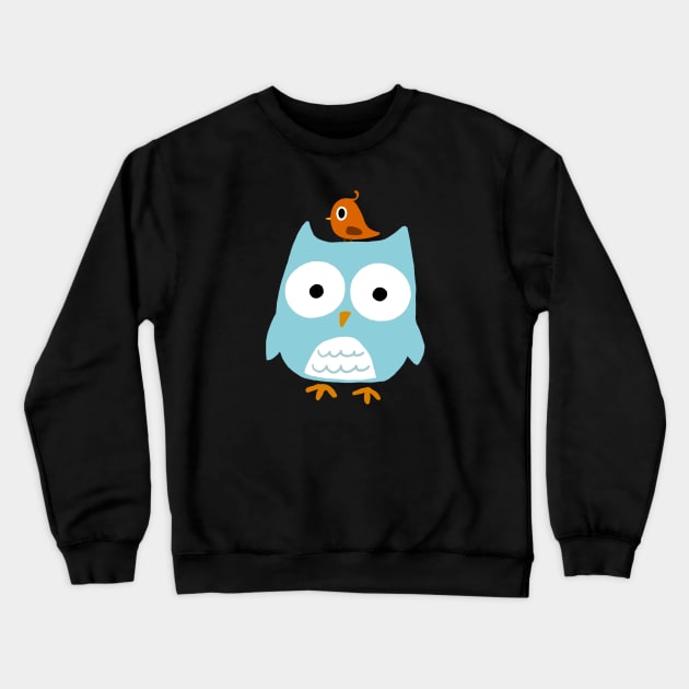 Blue Owl with Little Orange Bird Crewneck Sweatshirt by Coffee Squirrel